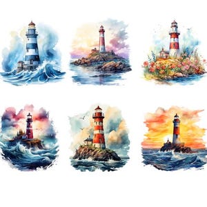Könnte beinhalten: Sechs Aquarelle von Leuchttürmen auf Inseln im Meer. Jeder Leuchtturm hat eine andere Farbe und ein anderes Design. Die Bilder sind alle vor einem Hintergrund aus blauem Wasser und Himmel gemalt.