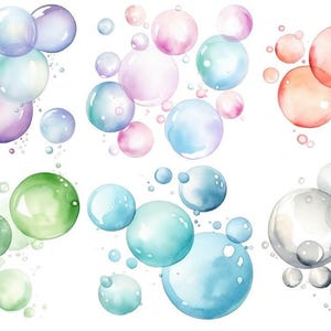 Könnte beinhalten: Aquarellmalerei von bunten Seifenblasen in verschiedenen Größen und Formen. Die Blasen sind in Blautönen, Grün, Rosa und Orange gemalt.