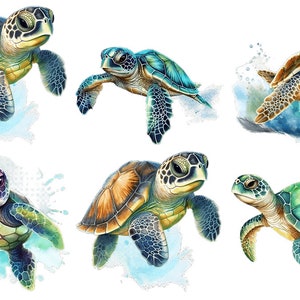 Könnte beinhalten: Aquarellillustrationen von sechs Meeresschildkröten in verschiedenen Posen. Die Schildkröten weisen Farbtöne von Grün, Braun und Blau auf, mit detaillierten Schalenmustern. Jede Schildkröte ist mit einem blauen Aquarellspritzer dargestellt.
