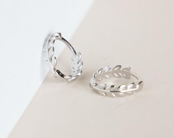 Sterling Silver Leaf Huggie Hoop Earrings, 2 Piece Dainty Hoop Earrings - Available in Gold & Silver