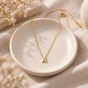 May include: A gold-toned necklace featuring a delicate chain and a single capital letter A pendant. The necklace includes an adjustable chain with a small metal tag at the end, showcasing a polished finish that reflects light across the surface.