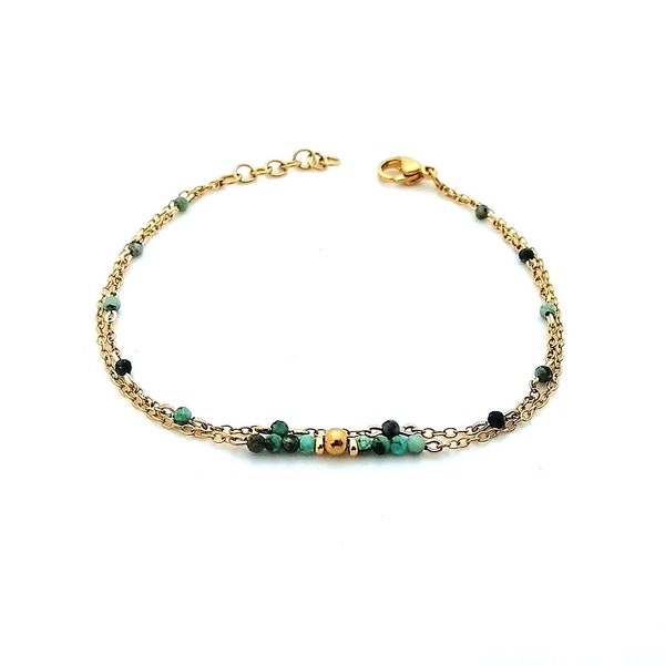 Bracelet femme multi rangs Turquoise et doré, double chaîne acier inoxydable doré et perles pierre gemme bleu Turquoise, bracelet rosaire