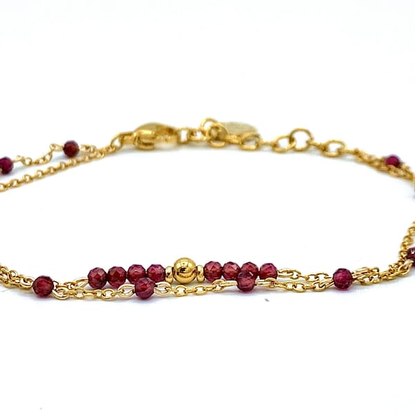 Bracelet multirang Grenat, bracelet double rangs femme acier inoxydable doré et pierres rouges, bracelet doré et perles brillantes rouges