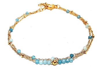 Bracelet femme double rangs acier inoxydable doré et pierres naturelles Calcédoine, bracelet perlé 2 chaînes dorées et pierres fines bleues