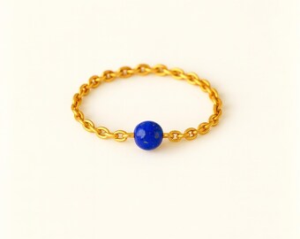 Gold chain ring in Lapis-Lazuli – Fine natural blue stone ring – Gold jewelry for women – Stainless steel ring handmade in France