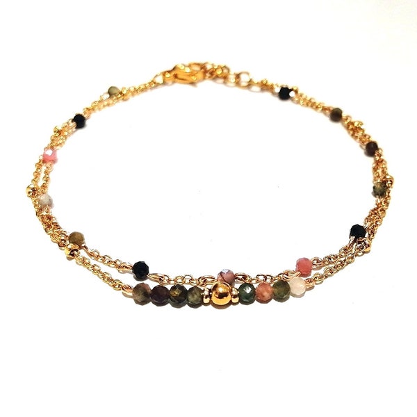 Bracelet double rangs acier inoxydable doré et pierres semi précieuses Tourmaline, bracelet femme doré et perles naturelles Tourmaline