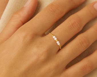 White mother-of-pearl chain ring, fine gold or 925 silver ring, natural stone women's jewelry, elegant handcrafted ring made in France
