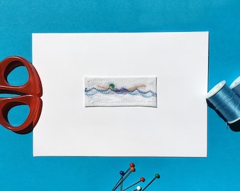 swimmer card, female swimmer card, embroidered card, sea swimmer, wild swimmer, vintage swimmer, bather, lido, swimming pool, freestyle