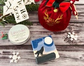 Christmas Holidays 2 pc Gift Set- 4.7oz White Tea Cold Process Soap Aloe Vera Hand Cream Lavender or Essential Oil Roller Velvet Pouch