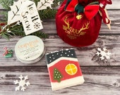 Christmas Holidays 2 pc Gift Set- 5 oz Elves Fruity Cold Process Soap Aloe Vera Hand Cream Grapefruit or Essential Oil Roller Velvet Pouch