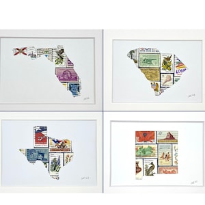 May include: Four framed art prints featuring the states of Florida, South Carolina, Texas, and Utah. Each state is outlined in white and filled with a collage of vintage postage stamps.