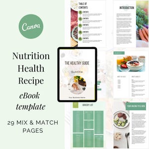 Nutrition ebook template canva green for coach leadmagnet, recipe, meal plan, grocery list, macronutrients, fully editable, instant download