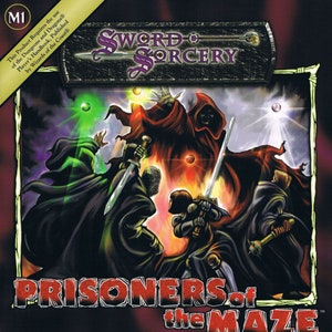 May include: A fantasy role-playing game adventure module cover featuring a dark red, black, and green illustration of three figures in hooded cloaks, wielding swords and casting spells. The title "Prisoners of the Maze" is written in red and black letters. The text "Sword Sorcery" is written in black and gold letters. The text "by Robert J. Kuntz" is written in white letters. The text "An adventure for four to six characters of 9th to 12th level." is written in white letters. The text "Necromancer Games" is written in white letters. The text "Third Edition Rules, First Edition Feel" is written in white letters. The text "www.necromancergames.com" is written in white letters. The text "D20 System" is written in white letters.