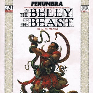 May include: A Dungeons & Dragons adventure module cover featuring a red-skinned, horned, and fanged humanoid creature with a skull-like mask, surrounded by tentacles. The title of the module is "In the Belly of the Beast" and the text "Penumbra" is at the top of the cover.