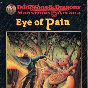 May include: A Dungeons & Dragons adventure book cover featuring a monstrous creature with multiple eyes and a large mouth. The creature is in a forest setting with a human figure in the background.