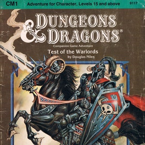 May include: A Dungeons & Dragons companion game adventure book cover featuring a black and white illustration of a knight riding a black horse. The knight is wearing armor and a helmet with a skull on the front. The horse has a horn on its head and is holding a sword in its mouth. The book title is "Test of the Warlords" by Douglas Niles.