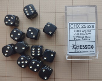 Chessex Vintage D6 Cube Dice Set Black with Gold for Dungeons & Dragons or RPGs 12 Dice
