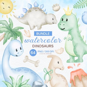 Watercolor Dinosaurs Clipart, Baby Dinosaur Cliparts PNG, Neutral Nursery Decor Art, Boy Baby Shower Images, Dino Birthday Printable Bundle