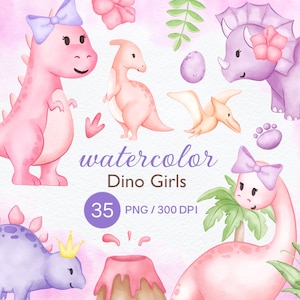 Girl Dinosaur Clipart, Watercolor Dinosaur Clipart, Baby Girl Dinosaur, Pink Watercolor Clipart, Watercolor Baby Clipart, Dinosaur Birthday