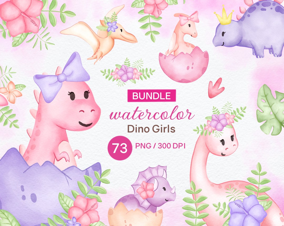 Girl Dinosaur Watercolor Clipart, Baby Girl Dinosaur, Pink Dinosaur PNG