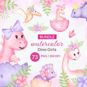 Girl Dinosaur Watercolor Clipart, Baby Girl Dinosaur, Pink Dinosaur PNG, Girl Dinosaur Birthday, Girl Dinosaur Clipart Bundle, Cute Dinosaur