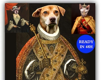 Aangepast digitaal huisdierportret, gepersonaliseerde hond- en kattenschilderij, uniek cadeau voor de eigenaar van het huisdier, vorstelijk en koninklijk dier, renaissance dierenschilderij