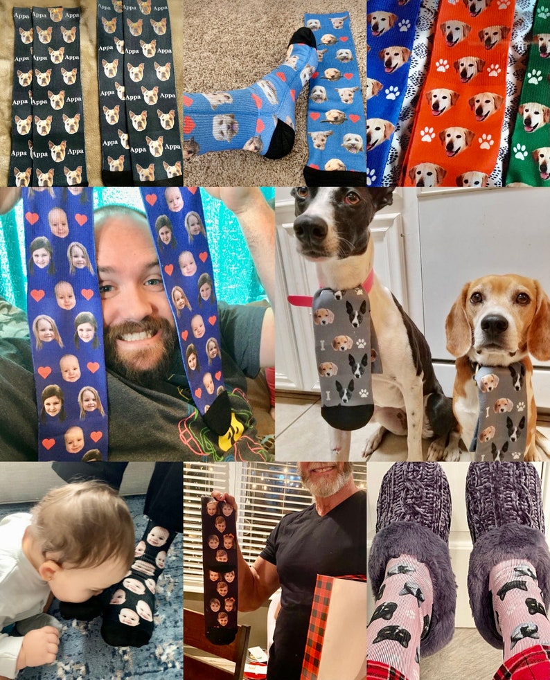 May include: A collage of images featuring personalized socks with various designs. The socks feature images of people, dogs, and paw prints. Some socks are blue, some are orange, and some are green. The socks are a fun and unique way to show off your personality.