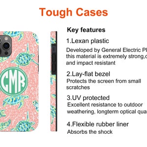 May include: A pink and green phone case with a sea turtle pattern and the initials "CMR" in a green circle. The case is made of Lexan plastic and has a lay-flat bezel to protect the screen from scratches. It is also UV protected and has a flexible rubber liner to absorb shock.