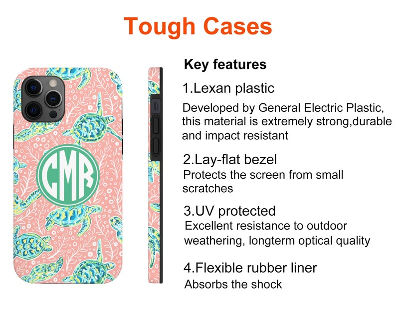 May include: A pink and green phone case with a sea turtle pattern and the initials "CMR" in a green circle. The case is made of Lexan plastic and has a lay-flat bezel to protect the screen from scratches. It is also UV protected and has a flexible rubber liner to absorb shock.