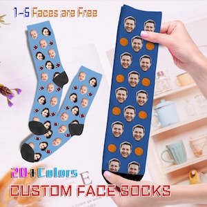 May include: A pair of blue and white custom face socks with basketballs and a person's face repeated on the fabric. The text "1-5 Faces are Free" and "20+ Colors CUSTOM FACE SOCKS" is visible in the image.