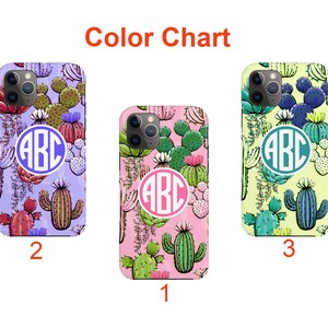 May include: Three iPhone cases with a cactus and floral design. The cases are in pink, purple, and yellow. Each case has a monogram in a circle that says "ABC".