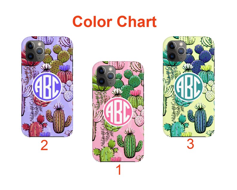 May include: Three iPhone cases with a cactus and floral design. The cases are in pink, purple, and yellow. Each case has a monogram in a circle that says "ABC".