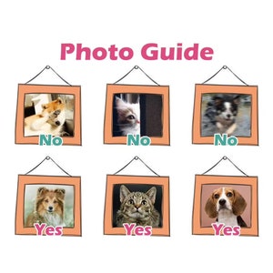 May include: Photo guide with six images of dogs and cats in frames. The images are labeled "Yes" or "No" to indicate whether the animal is looking at the camera.