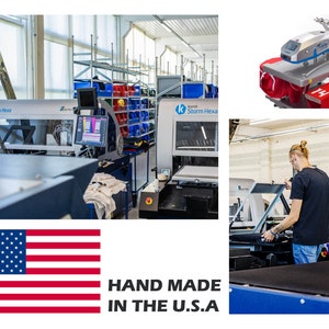 May include: A manufacturing facility with several industrial machines for printing on fabric. The machines are labeled "Storm Hexa" and are used to create custom apparel. The image also shows a person working on a machine and a close-up of a heat press machine. The text "HAND MADE IN THE U.S.A." is displayed at the bottom of the image.