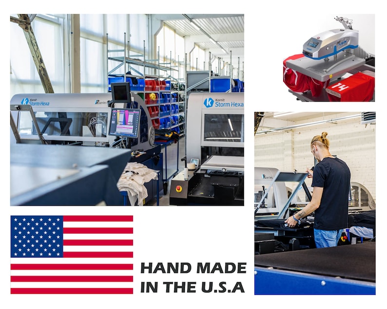 May include: A manufacturing facility with several industrial machines for printing on fabric. The machines are labeled "Storm Hexa" and are used to create custom apparel. The image also shows a person working on a machine and a close-up of a heat press machine. The text "HAND MADE IN THE U.S.A." is displayed at the bottom of the image.