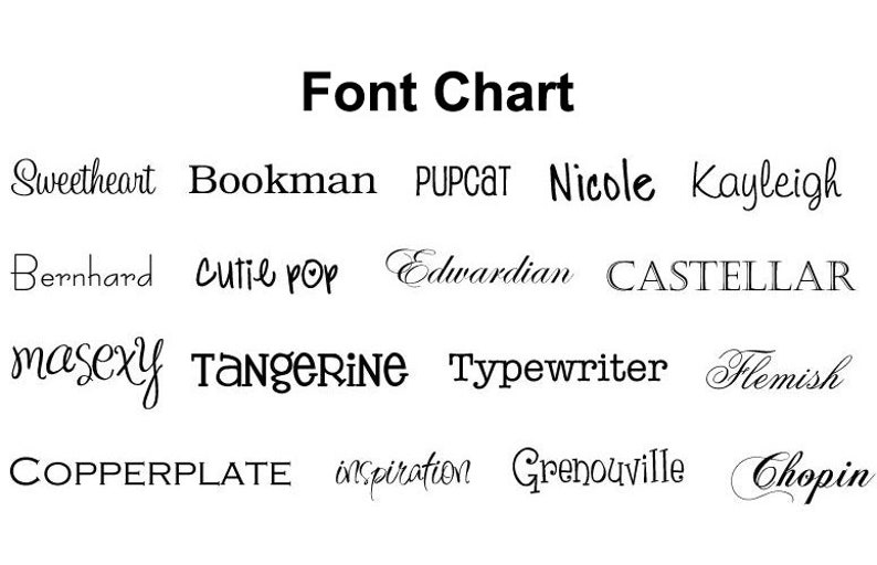 May include: A chart showing different font styles, including Sweetheart, Bookman, PUPCAT, Nicole, Kayleigh, Bernhard, Cutie pop, Edwardian, CASTELLAR, masexy, Tangerine, Typewriter, Flemish, COPPERPLATE, inspiration, Grenouville, and Chopin.
