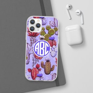 May include: A clear phone case with a purple background and a pattern of colorful cacti. The case has a circle in the center with the letters "ABC" in white.
