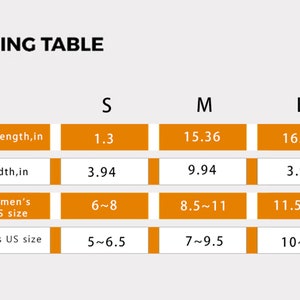 May include: Sizing table for a product with measurements in inches. The table shows the total length, width, and US shoe size for sizes S, M, and L.