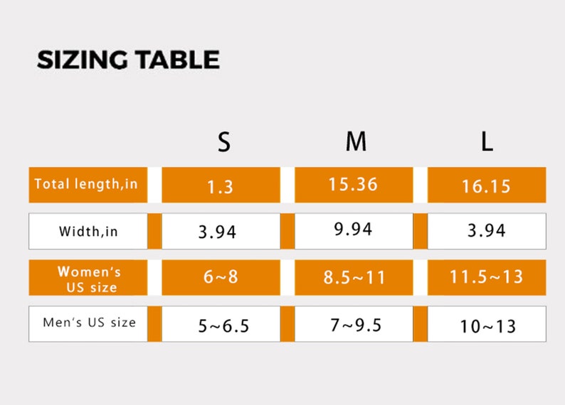 May include: Sizing table for a product with measurements in inches. The table shows the total length, width, and US shoe size for sizes S, M, and L.
