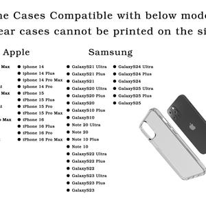 May include: A list of compatible phone models for clear phone cases. The list is divided into two sections: Apple and Samsung. The image also shows a clear phone case and a black phone case.