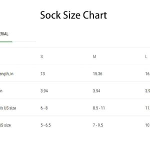 May include: Sock size chart in inches for small, medium, and large sizes. The chart shows total length, width, women's US shoe size, and men's US shoe size.