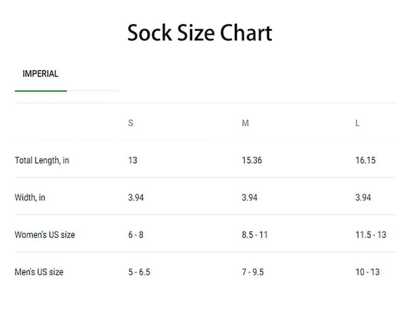 May include: Sock size chart in inches for small, medium, and large sizes. The chart shows total length, width, women's US shoe size, and men's US shoe size.