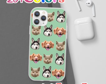 May include: A white iPhone case with a green background and a repeating pattern of dog and cat faces. The text "20+ Colors" is at the top of the image and "1-4 Faces Free" is at the bottom.