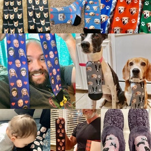 May include: A collage of images featuring personalized socks with various designs. The socks feature images of people, dogs, and paw prints. Some socks are blue, some are orange, and some are green. The socks are a fun and unique way to show off your personality.