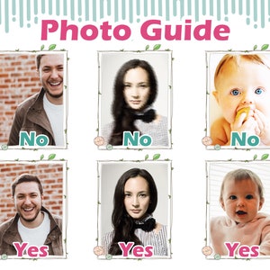 May include: Photo guide with six images showing different people. The first three images are labeled "No" and the last three images are labeled "Yes". The images show a man, a woman, and a baby.