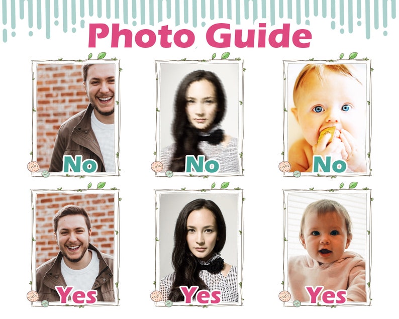 May include: Photo guide with six images showing different people. The first three images are labeled "No" and the last three images are labeled "Yes". The images show a man, a woman, and a baby.