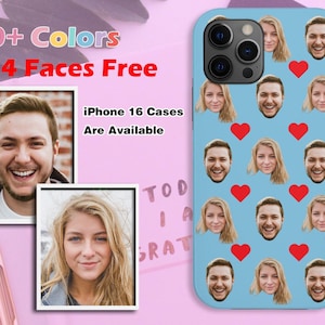 May include: A light blue iPhone case featuring a pattern of smiling faces and red hearts. The case has the text "20+ Colors" and "1-4 Faces Free". The text "iPhone 16 Cases Are Available" is also visible.