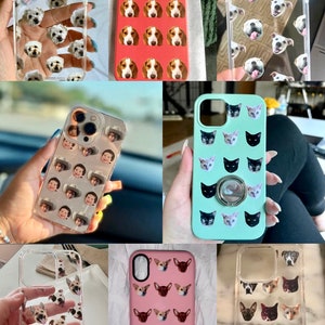 May include: A collage of nine different phone cases with various animal and human faces printed on them. The cases are all clear or translucent and have a variety of colors, including red, pink, blue, and green. Some of the cases have a ring holder attached to the back.