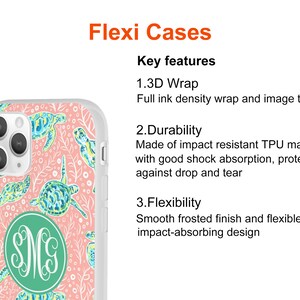 May include: A pink and green phone case with a white border and a monogram design. The case features a 3D wrap with full ink density and is made of impact resistant TPU material. It is also flexible and has a smooth frosted finish.