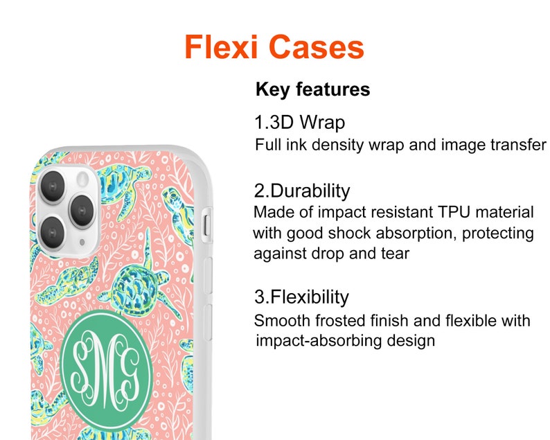 May include: A pink and green phone case with a white border and a monogram design. The case features a 3D wrap with full ink density and is made of impact resistant TPU material. It is also flexible and has a smooth frosted finish.